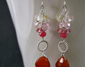 Red Cluster Earrings- Chalcedony, Ruby, Pink Topaz, Aquamarine, Silver