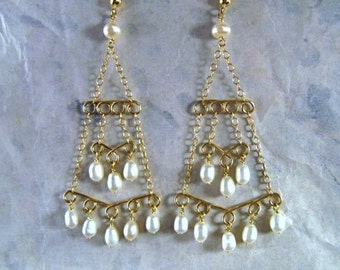 Pearl Chandelier Earrings- Gold Filled, Hammered Wire