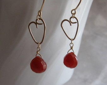 Chalcedony Heart Earrings- Gold Filled, Hammered Wire Hearts
