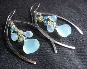 Wishbone Cluster Earrings- Chalcedony, Peridot, Apatite, Silver