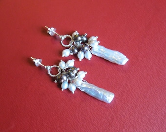 Pearl Cluster Earrings- Biwa, Freshwater Pearls in Silver