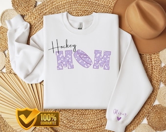 Custom Hockey Mom Sweatshirt With Name on Sleeve, Personalized Hockey Mom Sweatshirt, Floral Hockey Mom Shirt, Kids Player Name & Number