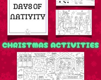 May include: Black and white printable Christmas activity sheet with a nativity scene, a maze, a connect the dots activity, a word search, and a section to draw a Christmas memory. The text on the sheet reads "The 12 Days of Nativity" and "Christmas Activities".