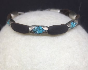 Turquoise With Dark Brown Leather Bracelet, Sterling Silver Settings, Adjustable Sterling Chain Clasp, Mens or Womens, Custom