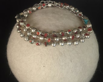 Sterling Silver Ball Chain Bracelet Inlaid W/Red Crystals & a touch of Turquoise | Galaxy Girl | 22" Long Wear as a Bracelet or Necklace