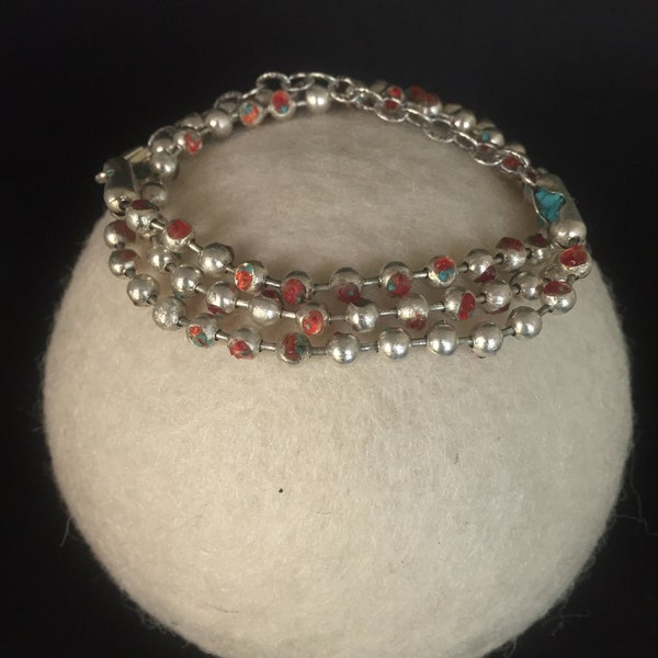 Sterling Silver Ball Chain Bracelet Inlaid W/Red Crystals & a touch of Turquoise | Galaxy Girl | 22" Long Wear as a Bracelet or Necklace
