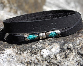 Custom Calendar Bracelet |Crushed Turquoise Sterling Black Leather Magnetic Clasp Cuff Wrap Bracelet, Remember ALL Important Days