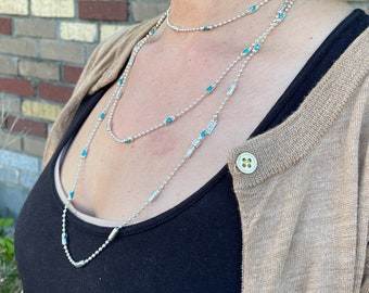 Gorgeous , Versatile Five Ft Diamond Cut Sterling Silver Chain , Aqua Marine Crystals, Magnetic Clasp, Bracelet/Necklace/Anklet