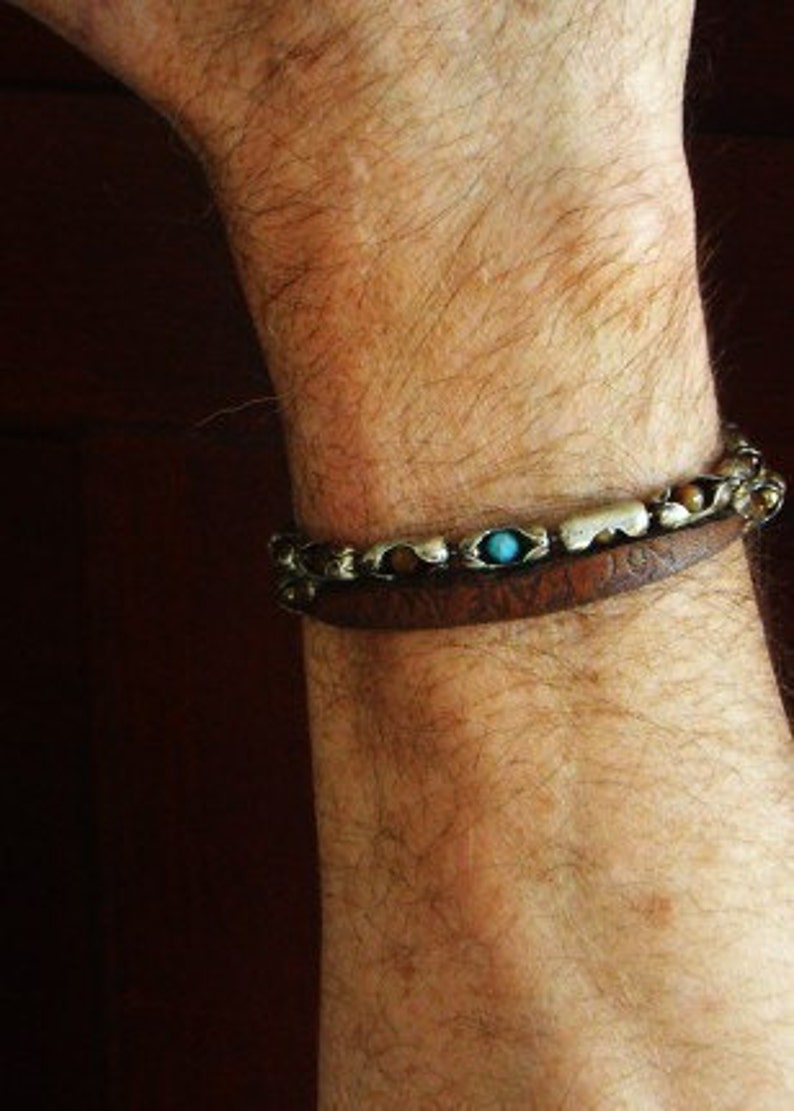 Mens Leather Bracelet Sterling Silver, Tiger Eye, Turquoise and Leather Wild Cochise image 5