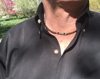 Collier en cuir en argent sterling pour hommes | Le Brando | Cordon en cuir tressé avec turquoise, onyx noir ou oeil de tigre, collier de cordon en cuir