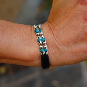 Womens Black Leather Bracelet The Cherokee Turquoise Sterling Silver Cuff Bracelet, Ball Chain Clasp, Made to order, perfect fit image 1