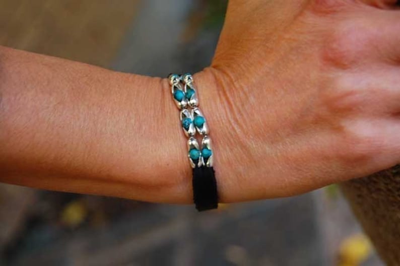 Womens Black Leather Bracelet The Cherokee Turquoise Sterling Silver Cuff Bracelet, Ball Chain Clasp, Made to order, perfect fit image 1