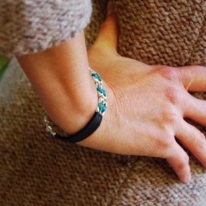 Womens Black Leather Bracelet The Cherokee Turquoise Sterling Silver Cuff Bracelet, Ball Chain Clasp, Made to order, perfect fit image 3