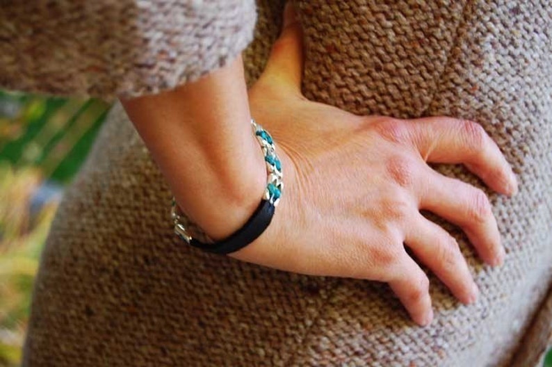 Womens Black Leather Bracelet The Cherokee Turquoise Sterling Silver Cuff Bracelet, Ball Chain Clasp, Made to order, perfect fit image 3