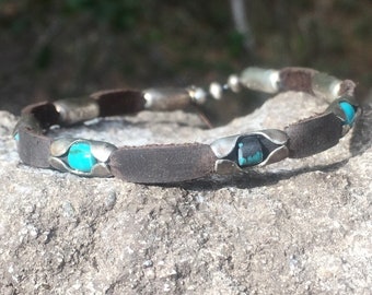 Turquoise Sterling Silver Dark Brown Leather Bracelet | Mens, Womens| Custom Sized, Turquoise Beads set in Eight Oxidized Sterling Settings