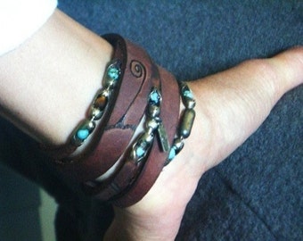 Unisex Turquoise Leather Bracelet | The Wanderer | Sterling Silver, Turquoise, Tiger Eye, Cuff Wrap Customized,  Personalize