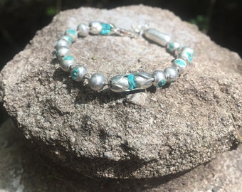 Turquoise Mens or Womens Sterling Chain Bracelet,  Gorgeous New Design Turquoise set in each sterling ball for a stunning, unique bracelet