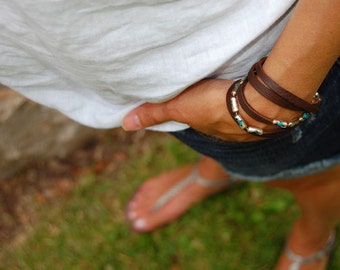 Womens Sterling Leather Wrap Bracelet, Cuff, Bangle, Sterling Cuff Wrap, Turquoise Wrap, Leather Bracelet, Leather Wrap