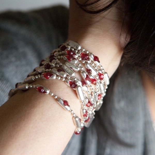 Womens Sterling Chain Beaded Bracelet | Red Ruby Kiss | gorgeous swarovski crystals set in sterling silver settings, bracelet or necklace