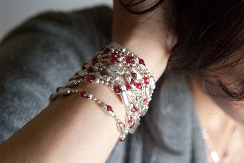 Womens Sterling Chain Beaded Bracelet Red Ruby Kiss gorgeous swarovski crystals set in sterling silver settings, bracelet or necklace image 1