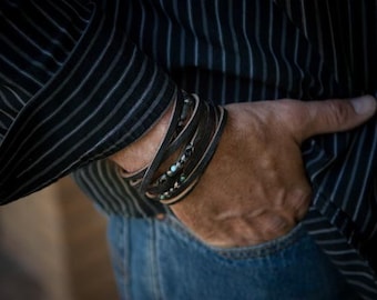 Any Wrist Leather Bracelet | The Raven | Black Leather with Black Onyx and Turquoise Stones set in Sterling Silver settings
