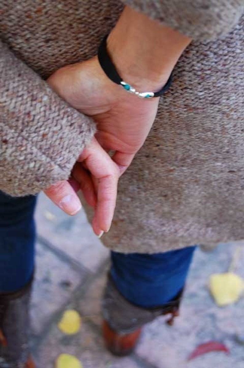 Womens Black Leather Bracelet The Cherokee Turquoise Sterling Silver Cuff Bracelet, Ball Chain Clasp, Made to order, perfect fit image 2