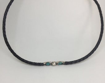 Men’s or Women’s Leather Cord Turquoise Magnetic Clasp Necklace | The Midnight | Braided Black Leather Cord with Mosaic Turquoise, Custom