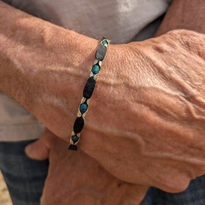 Turquoise Sterling Silver Dark Brown Leather Bracelet | Mens, Womens| Custom Sized, Turquoise Beads set in Eight Oxidized Sterling Settings