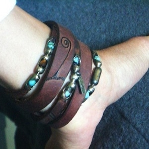 Womens Leather Bracelet | The Wanderer | Mens Leather Bracelet, Leather Wrap Cuff w/ Turquoise and Tiger Eye stones set in Sterling Silver