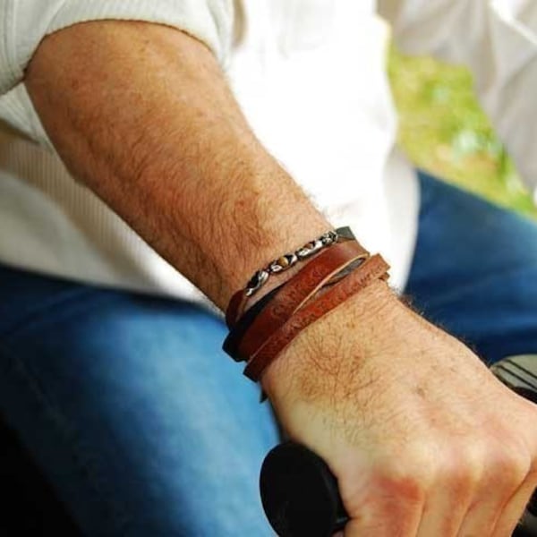 Mens Leather Bracelet |The Laramie |Leather Bangle, W Black Onyx , Tiger Eye Stones, Bracelet or Necklace- Personalize