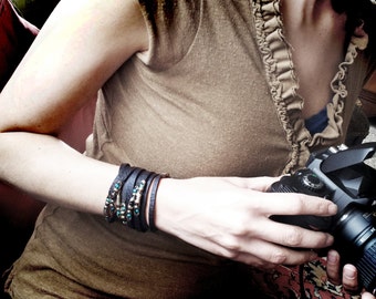 Leather Black Bracelet With Turquoise and Black Spinel | Starry Night | Unisex leather cuff wrap with sterling setting, 5ft Long