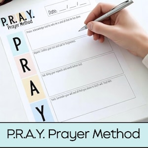 May include: A white paper with the text "P.R.A.Y. Prayer Method" and a hand holding a silver pen. The paper has sections for Praise, Repent, Ask, and Yield, with corresponding prompts. The date section is blank.