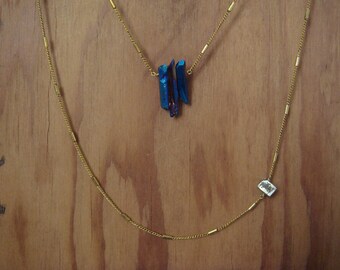 Aura Quartz & Pyrite Chunk Two Tier Gold Necklace