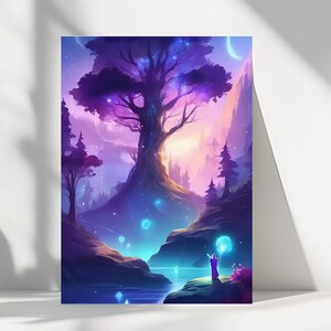 Enchanted Forest Fantasy: Blue Light Tree Wall Art Print - Mystical Nature Home Decor Artwork
