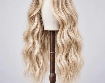 Handmade wig, 100% European human hair, blonde/brown balayage with darker roots, full lace or lace front cap, model sara