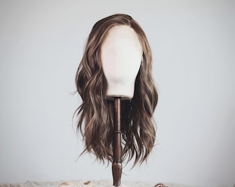 Handmade wig, mix of European human hair and synthetic, natural chestnut brown, lace front or full lace cap, Bali model.