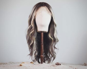 Handmade wig, blend hair: mix of synthetic and human hair, dark brown Balayage blond, lace front cap, Noumea model