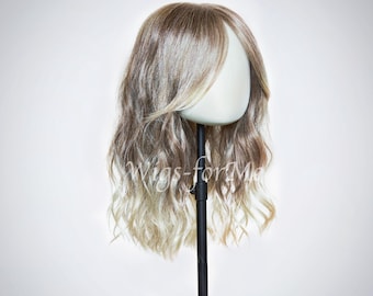 Handmade wig, human and synthetic hair, ash blonde gradient, with darker roots, lace front cap, model Jude