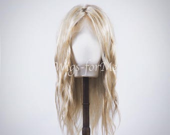 Handmade wig, 100% European human hair, blonde highlights golden beige, full lace or lace front cap, model holly