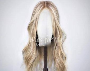 Handmade wig, synthetic and human hair, blonde balayage, 13x6 inch lace front cap, highlight style
