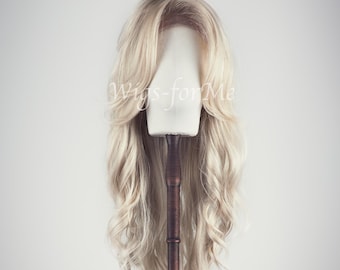Handmade wig, blend hair: mix of synthetic and human hair, wavy, natural beige blonde, 13x6 lace front cap, Bardot style