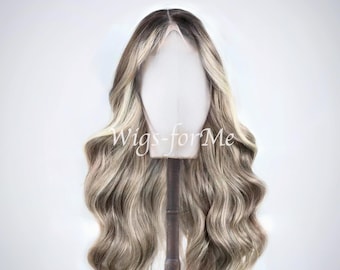 Handmade wig, human and synthetic hair, ash brown balayage, with darker roots, lace front cap, ash model