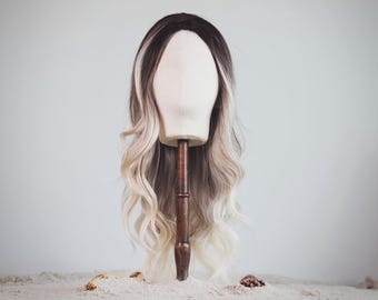 Handmade wig, 100% European human hair or human and synthetic mix, rooted blonde, full lace or lacefront cap, model Lili