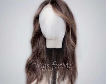 Handmade wig, human and synthetic hair, brown balayage, full lace or lace front cap, highlight brown style