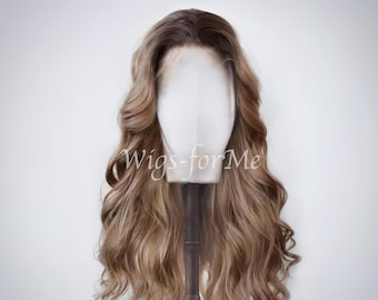 Handmade wig, blend hair: mix of synthetic and human hair, light brown with dark roots, lace front cap, fame model