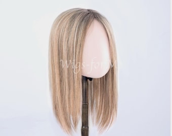 Handmade wig, human and synthetic hair, brown base with blonde highlights, lace front cap, baby model