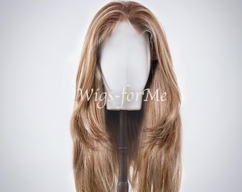 Handmade wig, blend hair: mix of synthetic and human hair, coppery blonde highlights, lace front cap, Joshua model