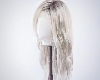 Handmade wig, human and synthetic hair, ash blonde balayage with darker roots, lace front or full lace cap, Emy