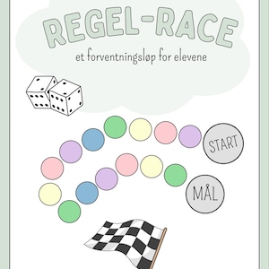 May include: A colorful board game design with the text "REGEL-RACE" and "et forventningsløb for eleverne". The game board features dice, a path of colored circles, a checkered flag, and start and finish markers. A fun educational game.