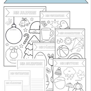 Peut inclure: Pages à colorier en noir et blanc sur le thème des saisons. Comprend des pages pour Noël, l'hiver, Pâques, l'été et l'automne. Chaque page contient des illustrations et de l'espace pour des notes. Le texte "MINE FERIER" est en haut.